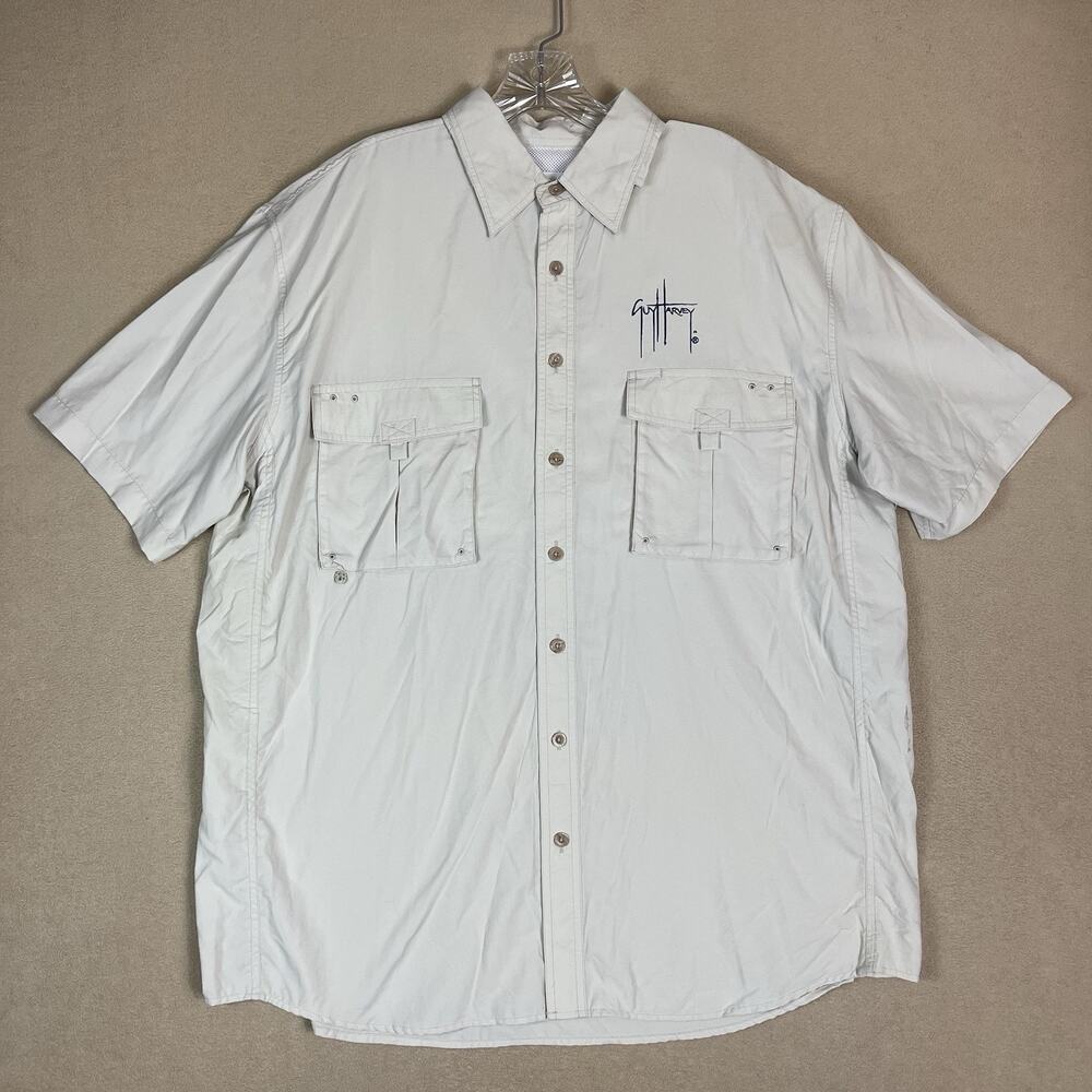 Guy Harvey‎ Aftco Shirt Mens L Cream Short Sleeve Fishing Vented Lightweight